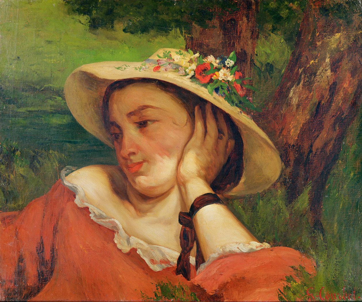 Nainen olkihatussa kukkien kanssa, n. 1857 tekijältä Gustave Courbet