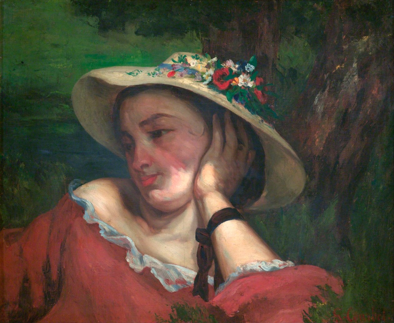 Nainen kukkia hatussa - Courbet, Gustave (1819-1877) - 1857 - Öljy kankaalle - Kansallisgalleria, Praha tekijältä Gustave Courbet