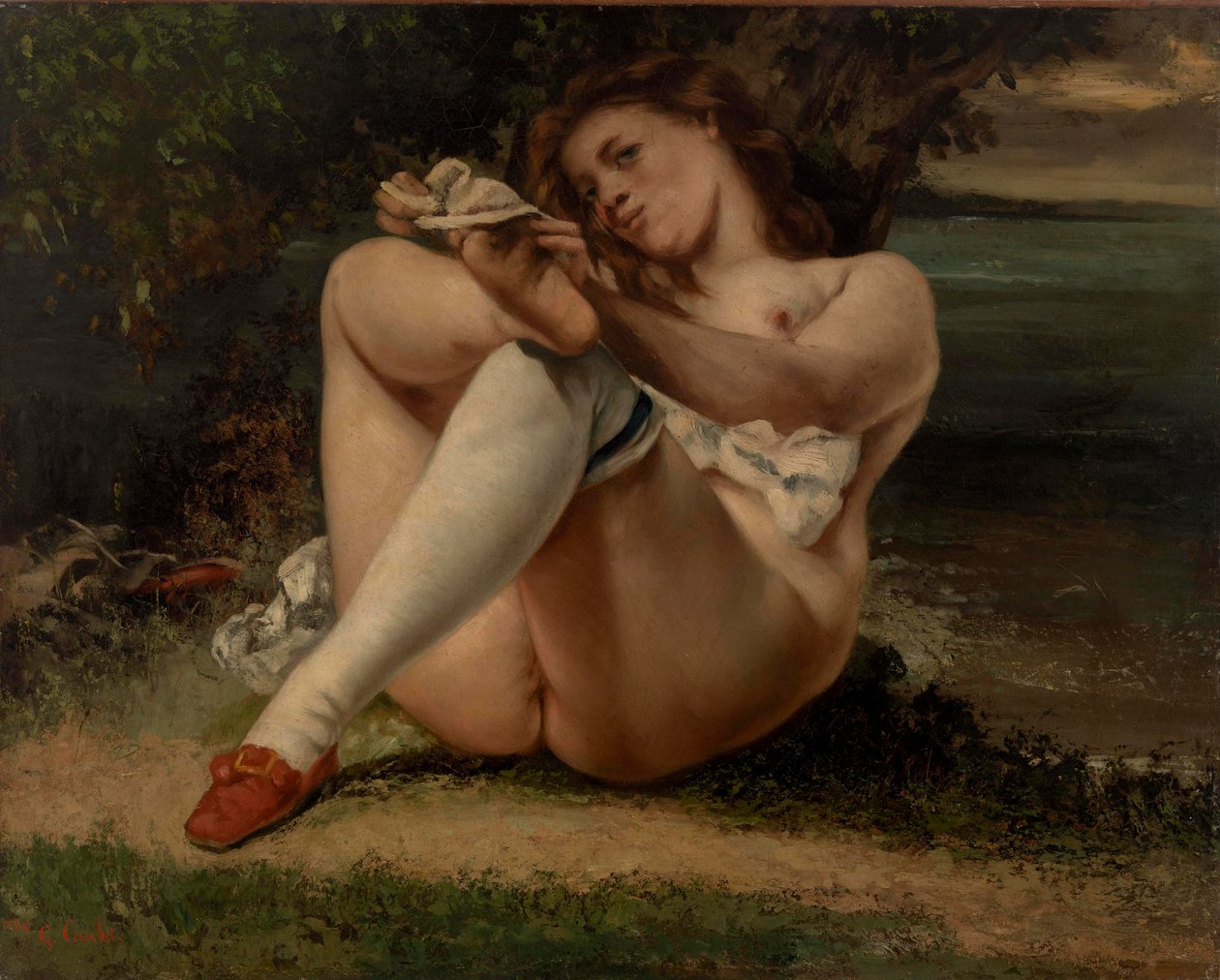 Nainen valkoisilla sukkahousuilla tekijältä Gustave Courbet