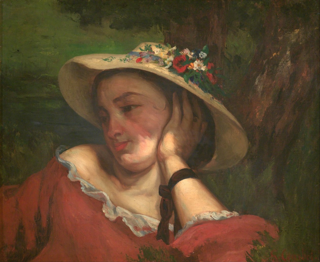 Nuoret naiset Seinen rannalla - katkelma maalauksesta (Nainen, jolla on kukkia hatussaan) tekijältä Gustave Courbet