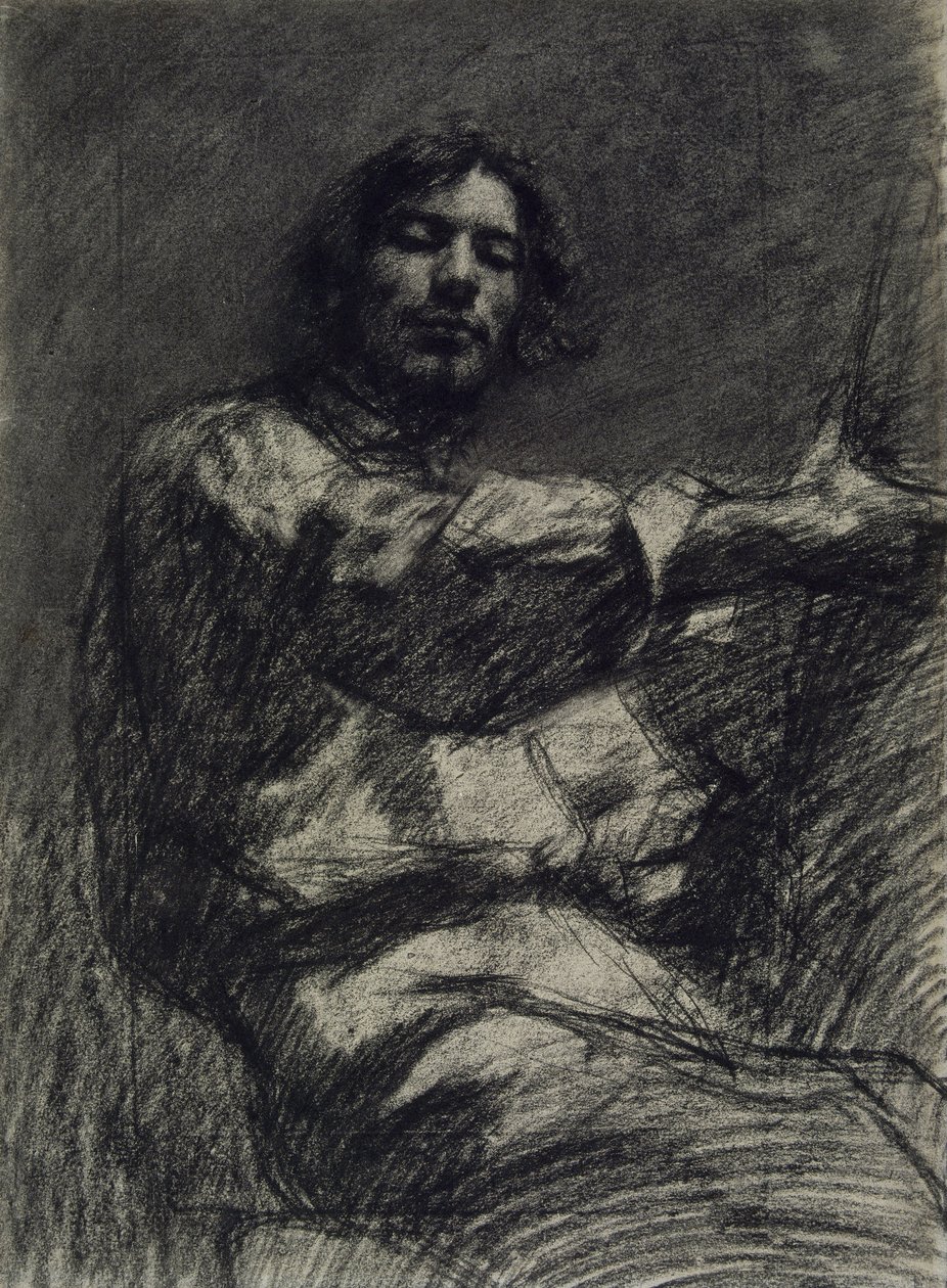 Nuori mies istuu, opiskelee. Omakuva maalaustelineellä, n. 1847 tekijältä Gustave Courbet