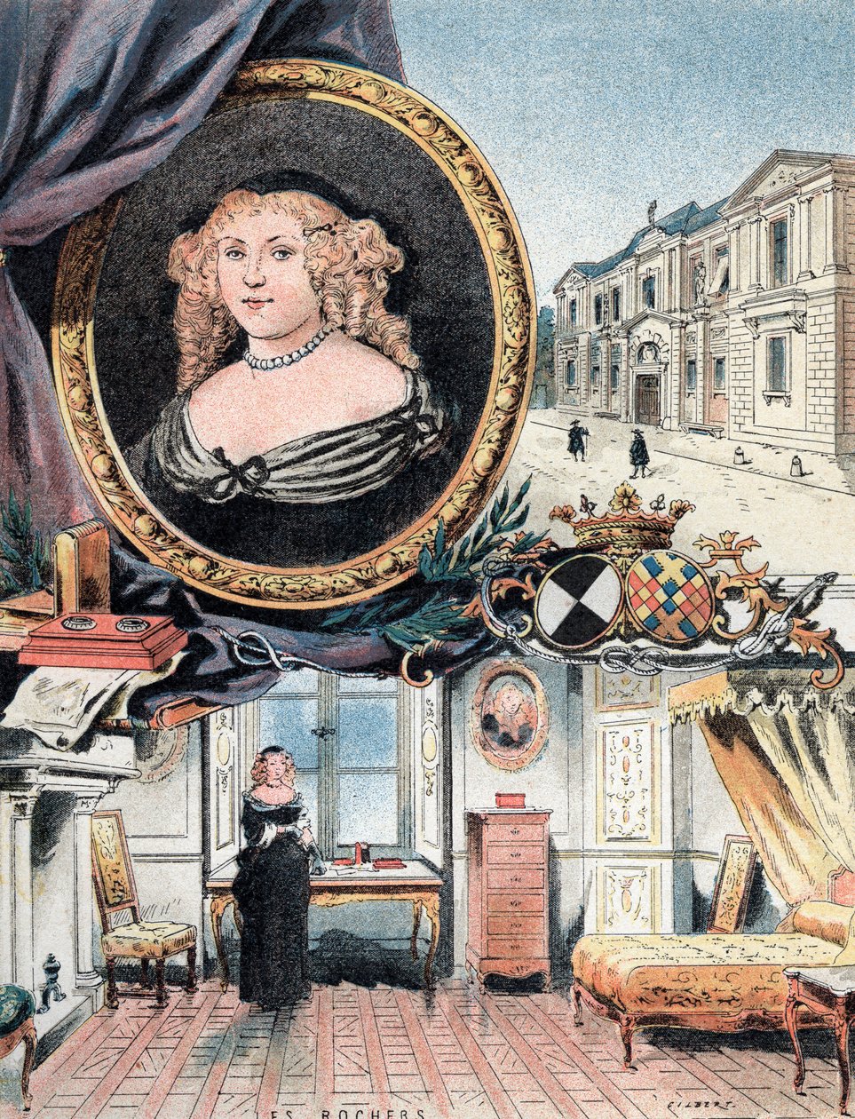 Sevignen markiisin muotokuva sekä Chateau des Rochers ja Hotel Carnavalet tekijältä Gustave Demoulin