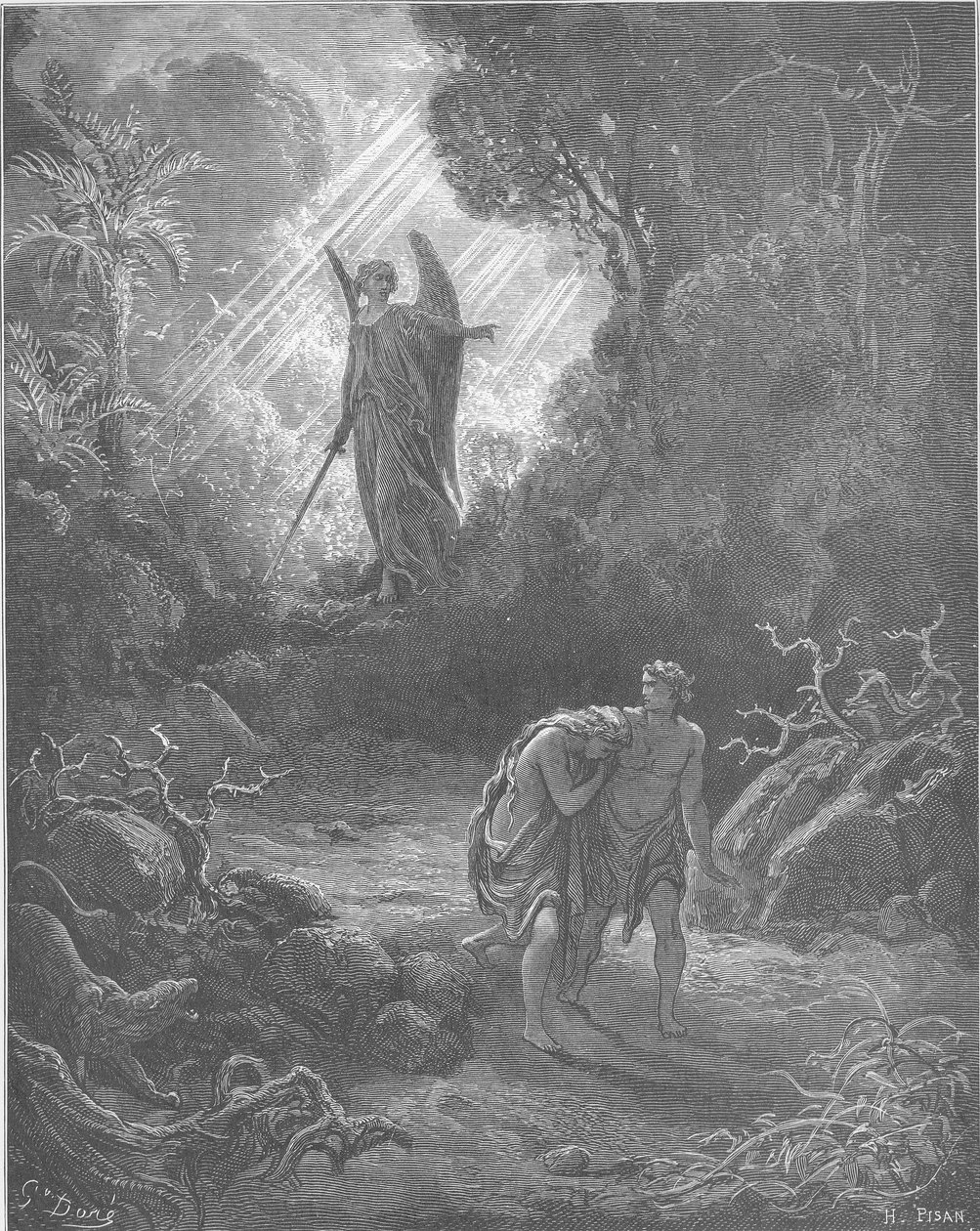 Aatami ja Eeva ajetaan pois Eedenistä (1. Moos. 3:1-6,13-24). tekijältä Gustave Dore