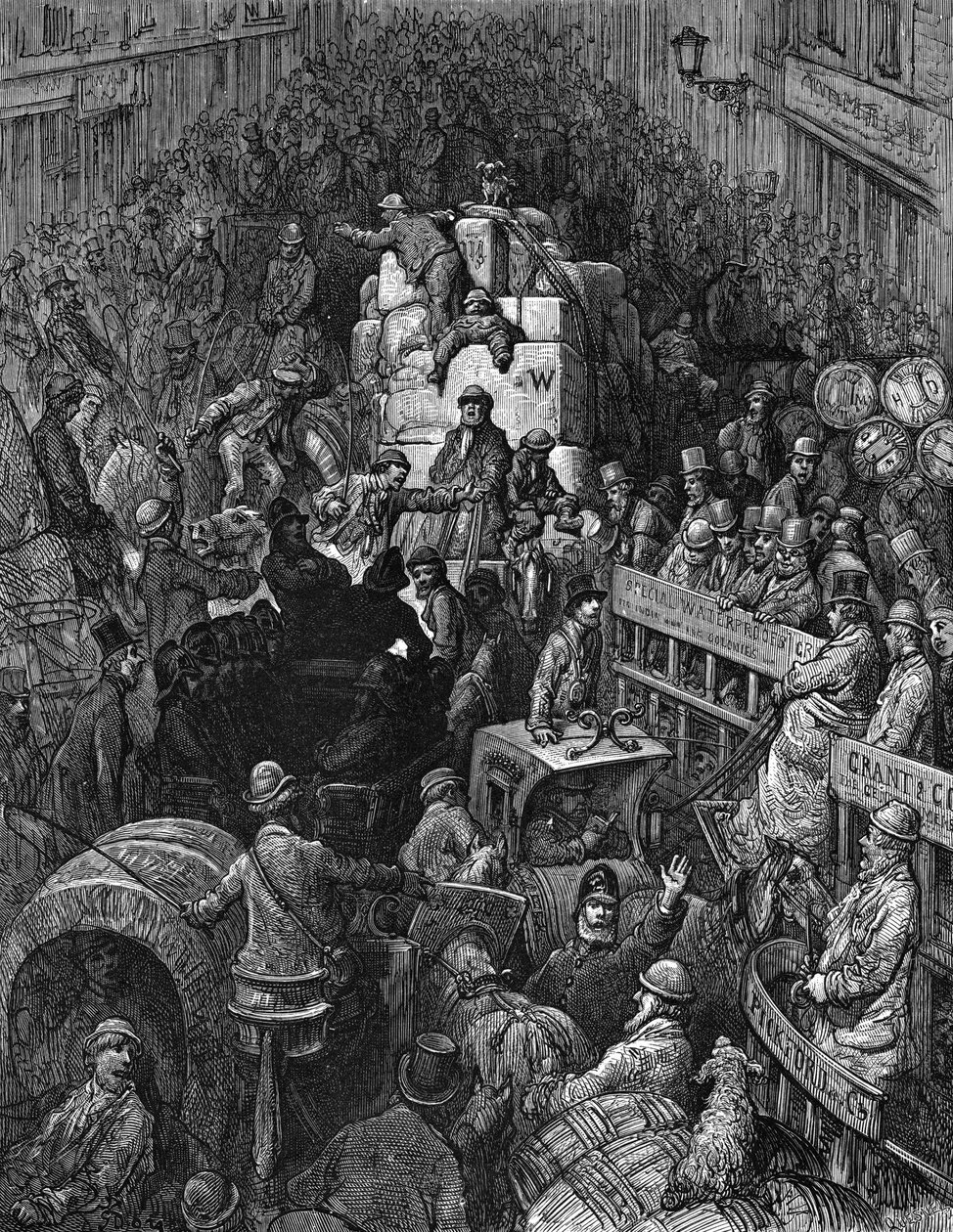 "Kaupungin läpikulkuväylä": Gustave Doresta ja Blanchard Jerroldista: London 1872: A Pilgrimage London 1872. Kohtaus kaoottisesta liikenneruuhkasta, jossa lontoolainen poliisi yrittää saada ajoneuvoja liikkeelle. Puukaiverrus. tekijältä Gustave Dore