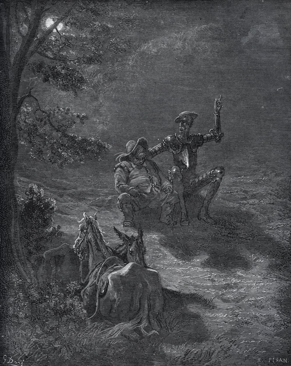 Yökeskustelu - Miguel Cervantesin (1547-1616) "Don Quijote de la Manchasta" (Don Quijote) - Gustave Doren piirtämän puupiirros tekijältä Gustave Dore