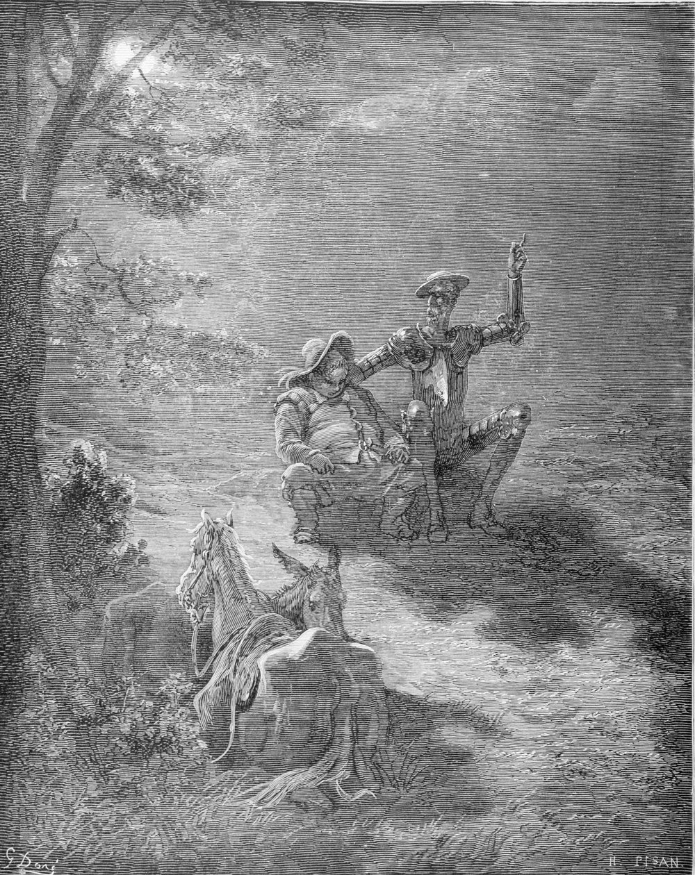 Yöllinen puhe Miguel Cervantesin (1547-1616) teoksesta "Don Quijote de la Mancha", kaiverrettu Heliodore Joseph Pisan (1822-90) toimesta noin 1868. tekijältä Gustave Dore