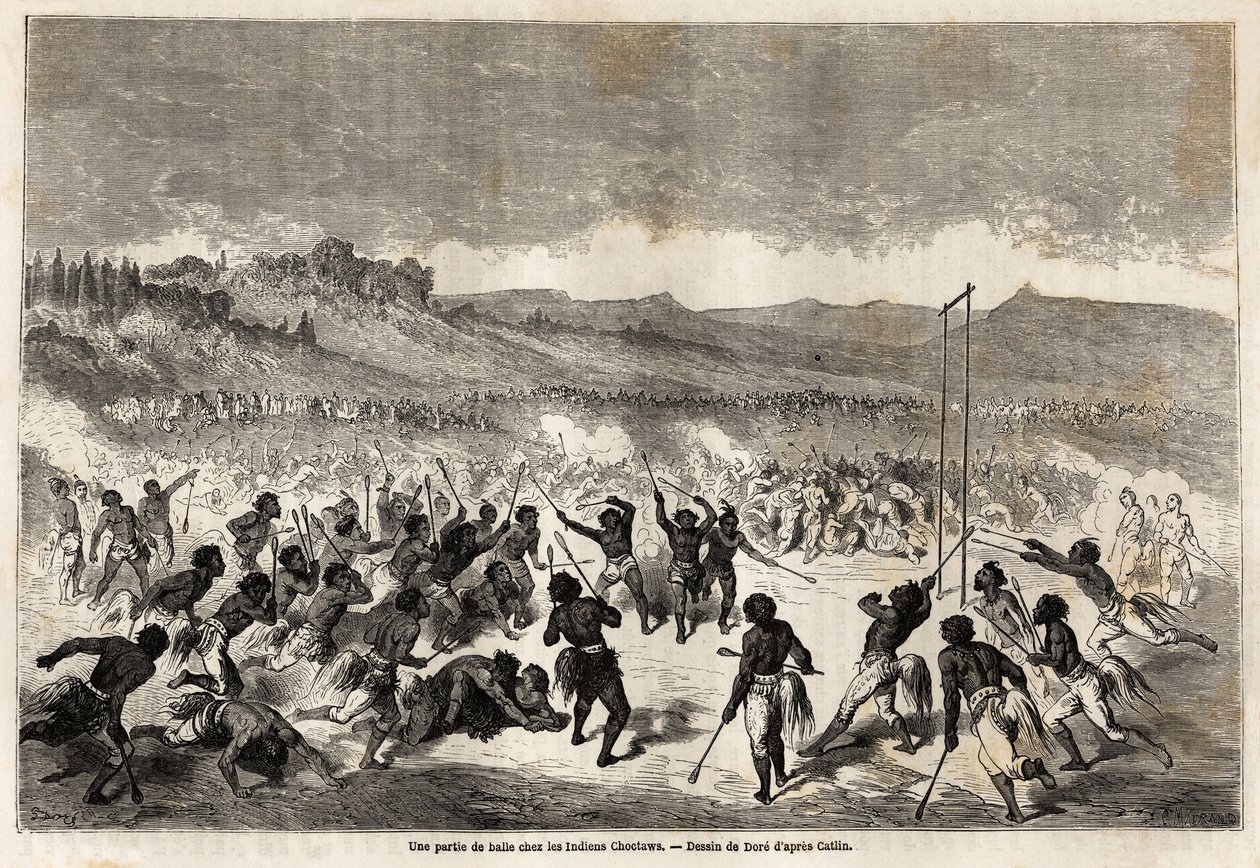 Gustave Doren (1832-1883) piirtämä pallopeli Choctaws-intiaanien, Mississippin alueen heimon, kanssa havainnollistamaan Baudouin Mollhausenin (1825-1905) Mississippi-matkaa Tyynellemerelle vuosina 1853-54. Kaiverrus "" Le tour du monde, nouveau j tekijältä Gustave Dore