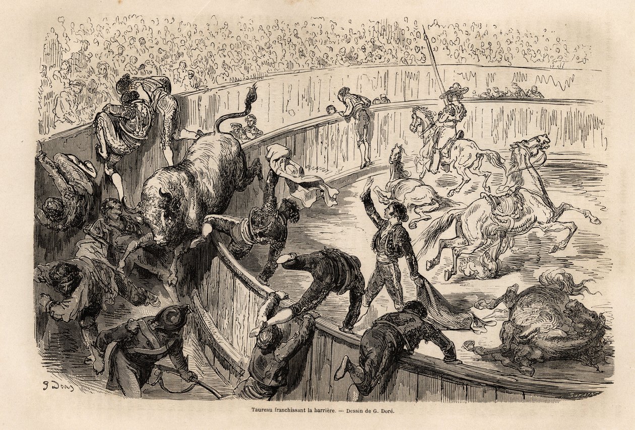 Härkä ylitti esteen härkätaistelun aikana Valenciassa Gustave Doren (1832-1883) piirtämänä matkastaan Espanjaan C. Davillierin kanssa vuonna 1862. Kaiverrus kirjassa "" Le tour du monde ", toimittanut Edouard Charton tekijältä Gustave Dore