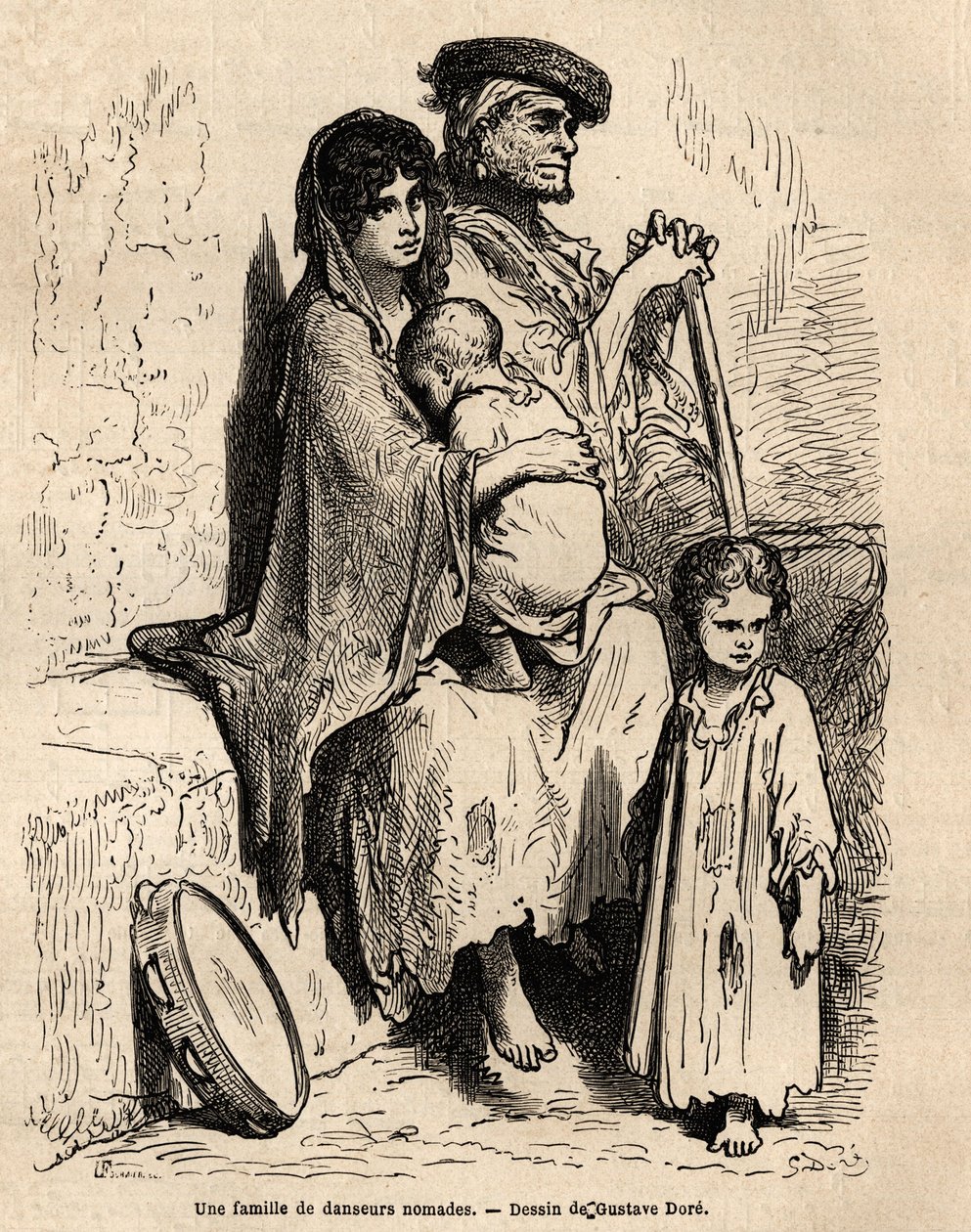 Nomaditanssijaperhe lepäämässä Sevillan kaduilla. Gustave Dore (1832-1883) livenä esittämän sketsin. Kaiverrus havainnollistamaan matkaa Espanjassa, Charles Davillier ja Gustave Dore vuonna 1862, "Le tour du monde, nouveau journal des voyag" tekijältä Gustave Dore