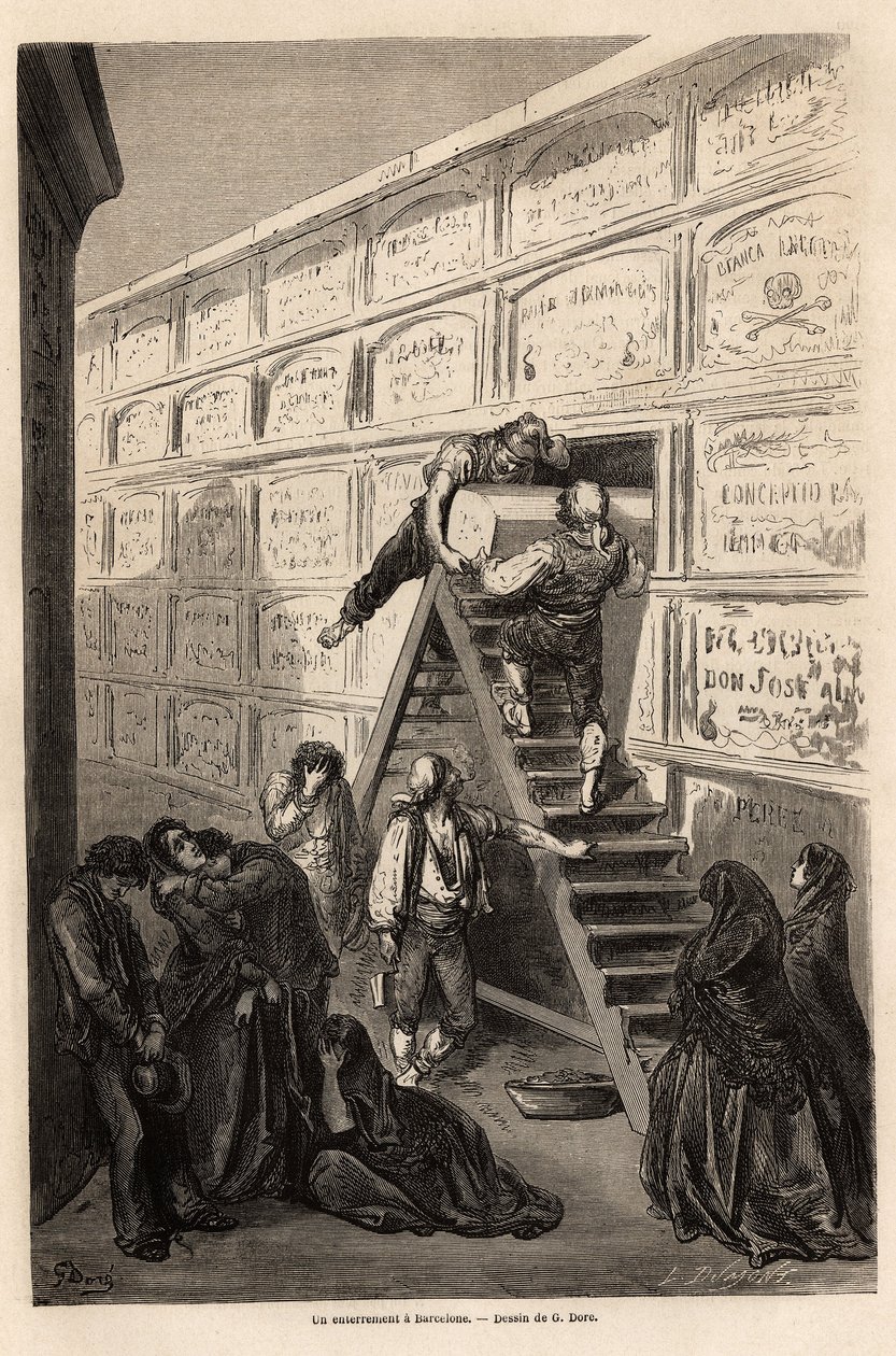 Hautajaiset Barcelonassa, Gustave Doren (1832-1883) piirustukset havainnollistamaan hänen matkaansa Espanjaan C. Davillierin kanssa vuonna 1862. Kaiverrus kirjaan "" Le tour du monde ", toimittanut Edouard Charton tekijältä Gustave Dore