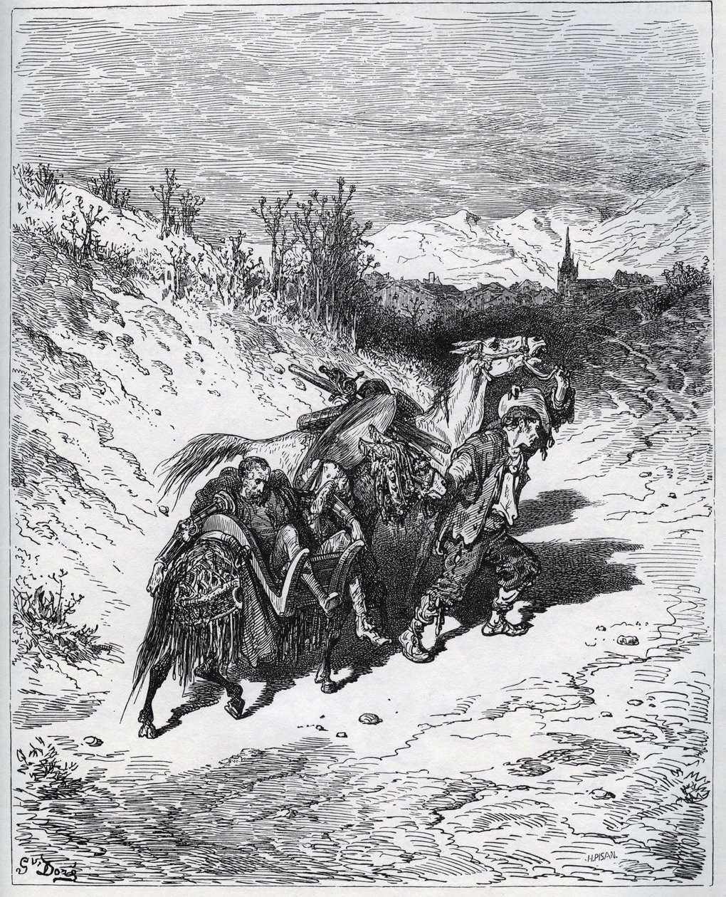 Kyntäjä tuo Don Quijoten ja Rossinanten takaisin kylään - Miguel Cervantesin "Don Quijote de la Manchasta" tekijältä Gustave Dore
