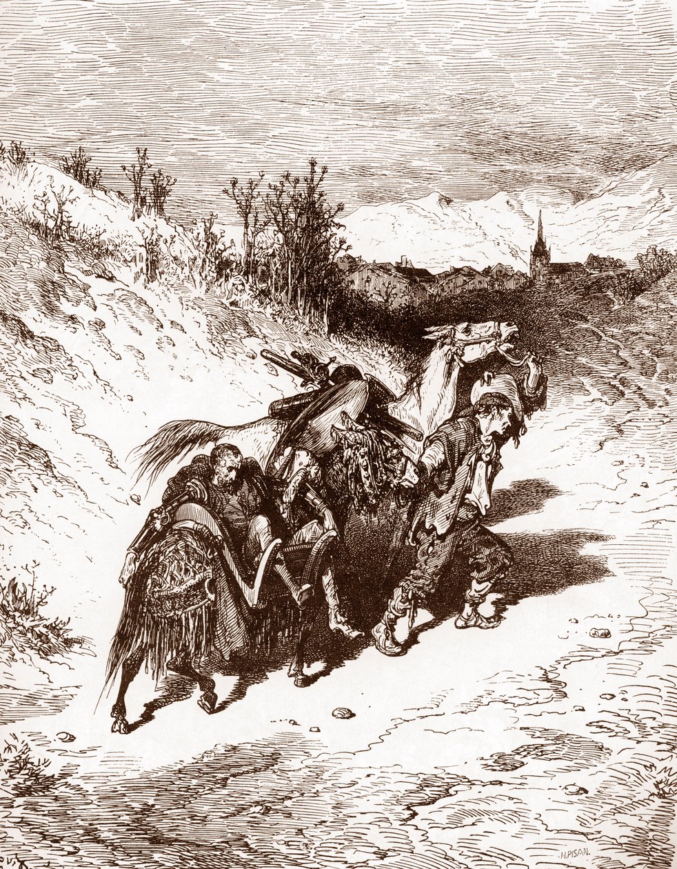 Kyntäjä omasta kylästään tuo Quijoten kotiin Gustave Doren (1832-1883) kaiverrus Miguel de Cervantesin (1547-1616) "L