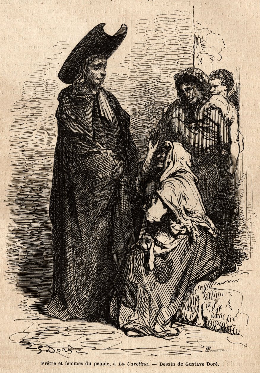Pappi ja kansan nainen rätteihin pukeutuneena; ammattimaiset espanjalaiset kerjäläiset asettuivat kirkkojen hoviin hyödyntääkseen taitavasti kristillistä rakkautta. Gustave Dore (1832-1883) livenä esittämän sketsin. Kaiverrus matkan havainnollistamiseksi tekijältä Gustave Dore