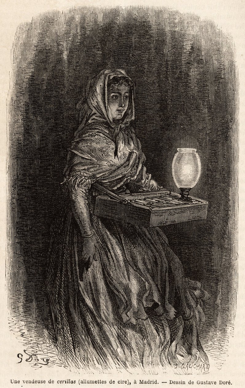 Vaha tulitikkujen myyjä, luonnos livenä Puerta del solissa Madridissa. Gustave Doren (1832-1883) kaiverrus havainnollistamaan hänen matkaansa Espanjaan Ch. Davillier (toimittaja), vuonna 1862, julkaistu "" Le tour du monde""" 1869, toimittanut Edouard Char tekijältä Gustave Dore