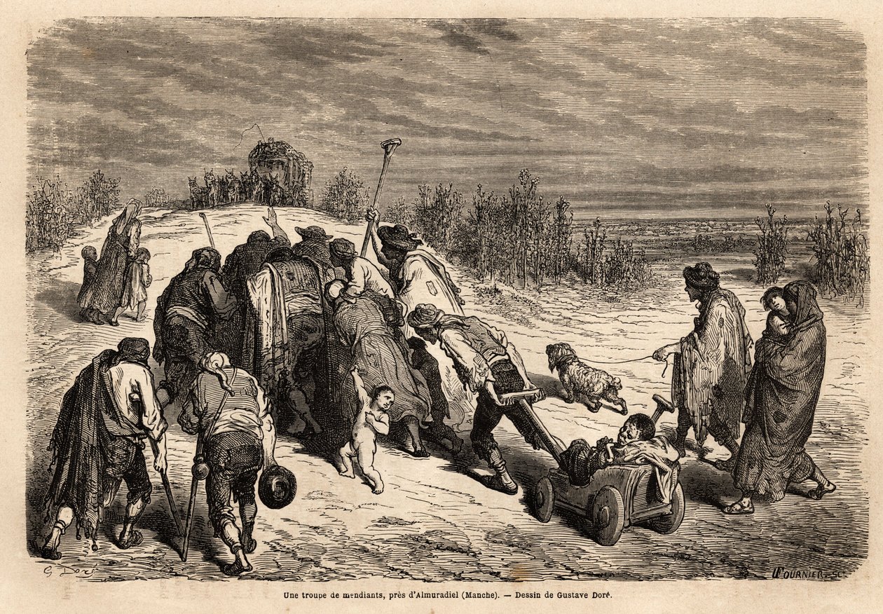 Joukko kerjäläisiä ja sairaita, todellinen ihmeiden tuomioistuin, on menossa ahkeraan pyytämään mantelia Almuradielin (Manchan provinssi) läheisyydessä. Gustave Doren (1832-1883) piirustus. Kaiverrus havainnollistamaan Espanjan matkaa, Charles vuonna 1862 tekijältä Gustave Dore