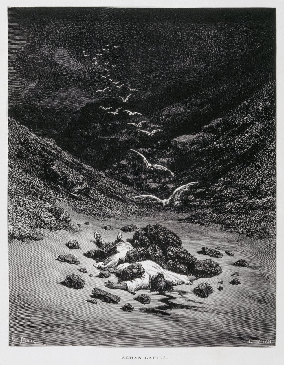Akan kivitetään kuoliaaksi (Joos. 7:1,10-26), kuvitus Dore Bible -teoksesta. tekijältä Gustave Dore