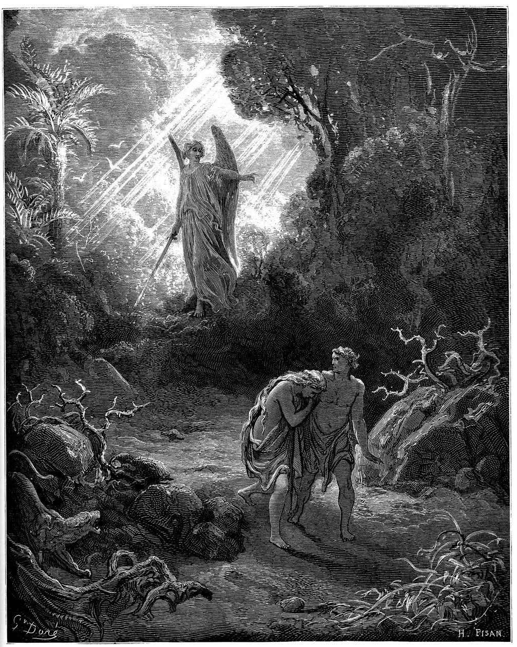 Aatami ja Eeva metsästävät paratiisista - Gustave Doren kuvitus Raamattua varten - tekijältä Gustave Dore