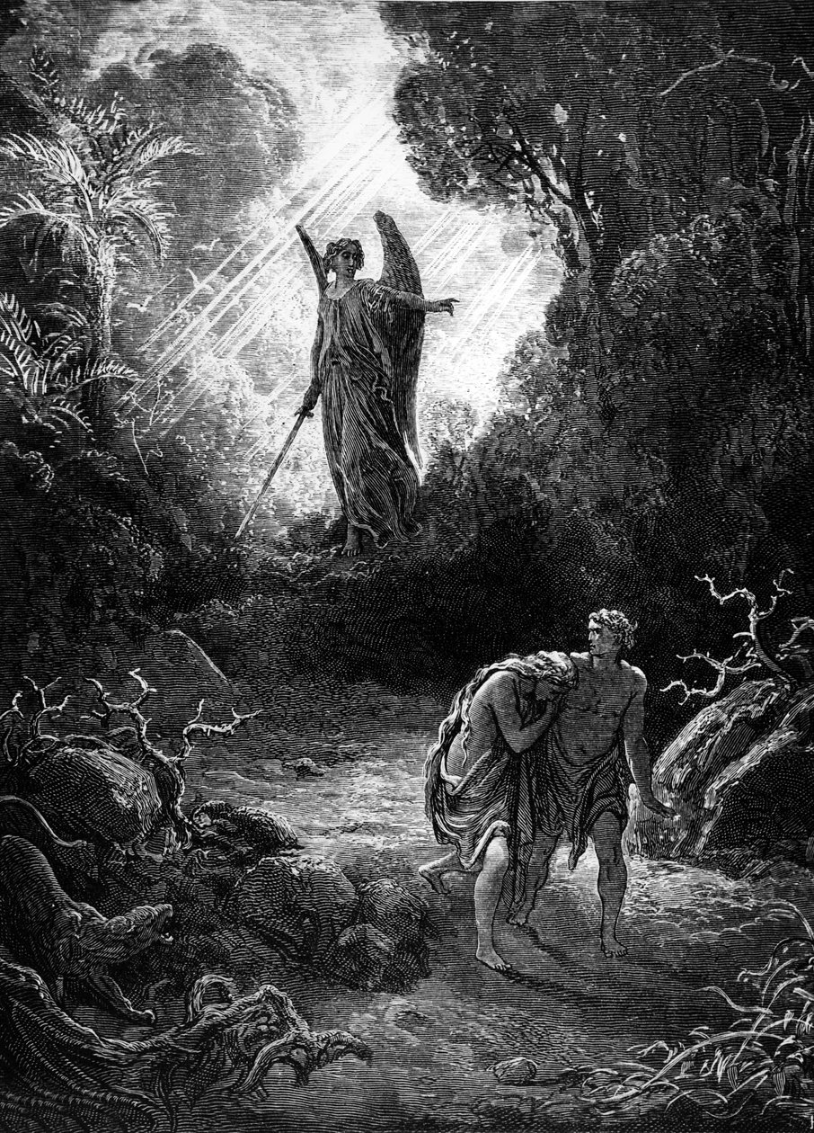 Aatami ja Eeva metsästetään paratiisista. Gustave Doren kaiverrus. Mame Edition 1891. tekijältä Gustave Dore