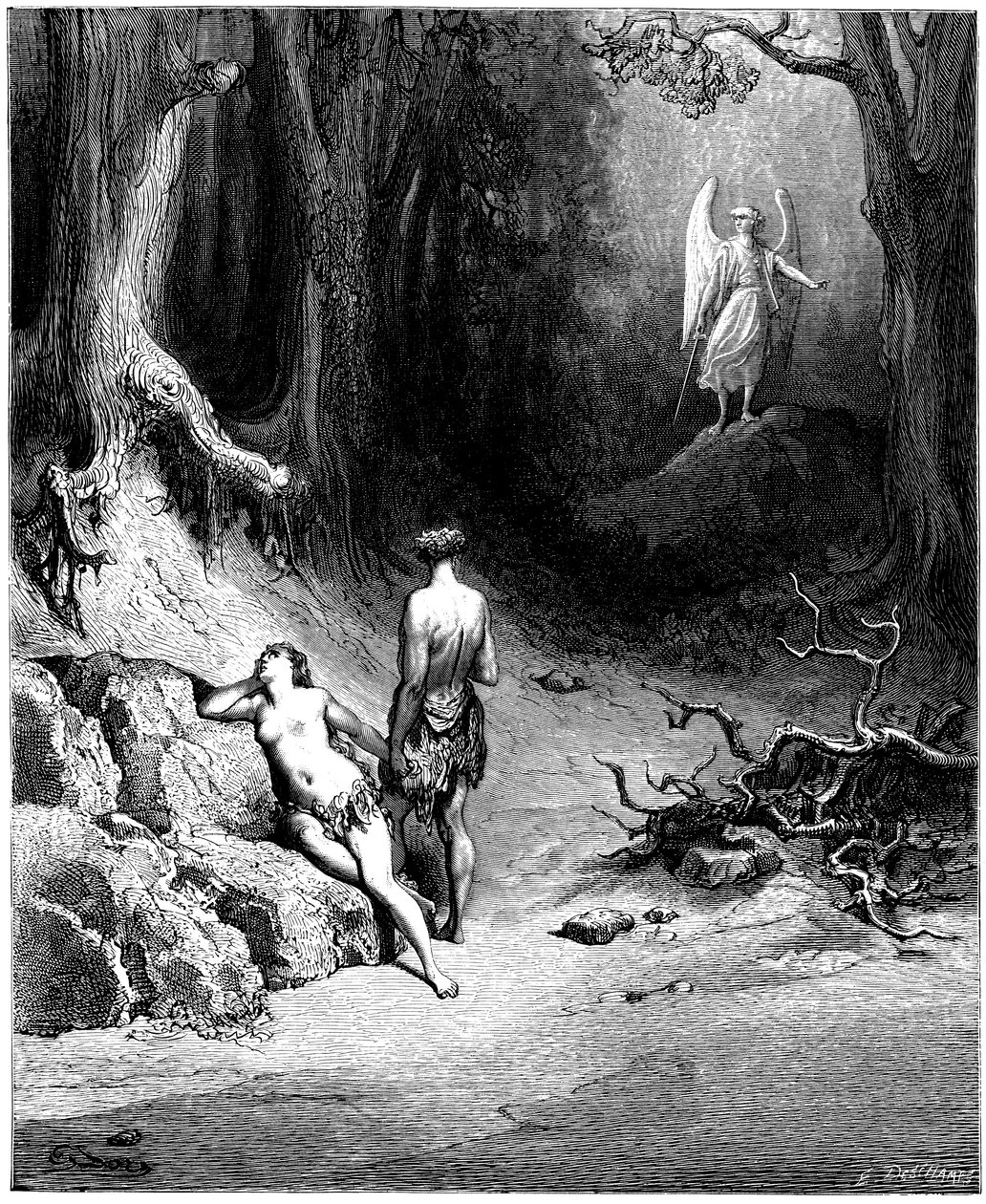 Aatami ja Eeva metsästetään paratiisista. Gustave Doren kuvitus John Miltonin (1608-1674) teokseen "Kadonnut paratiisi". Kaiverrus vuodelta 1866. Yksityiskokoelma tekijältä Gustave Dore