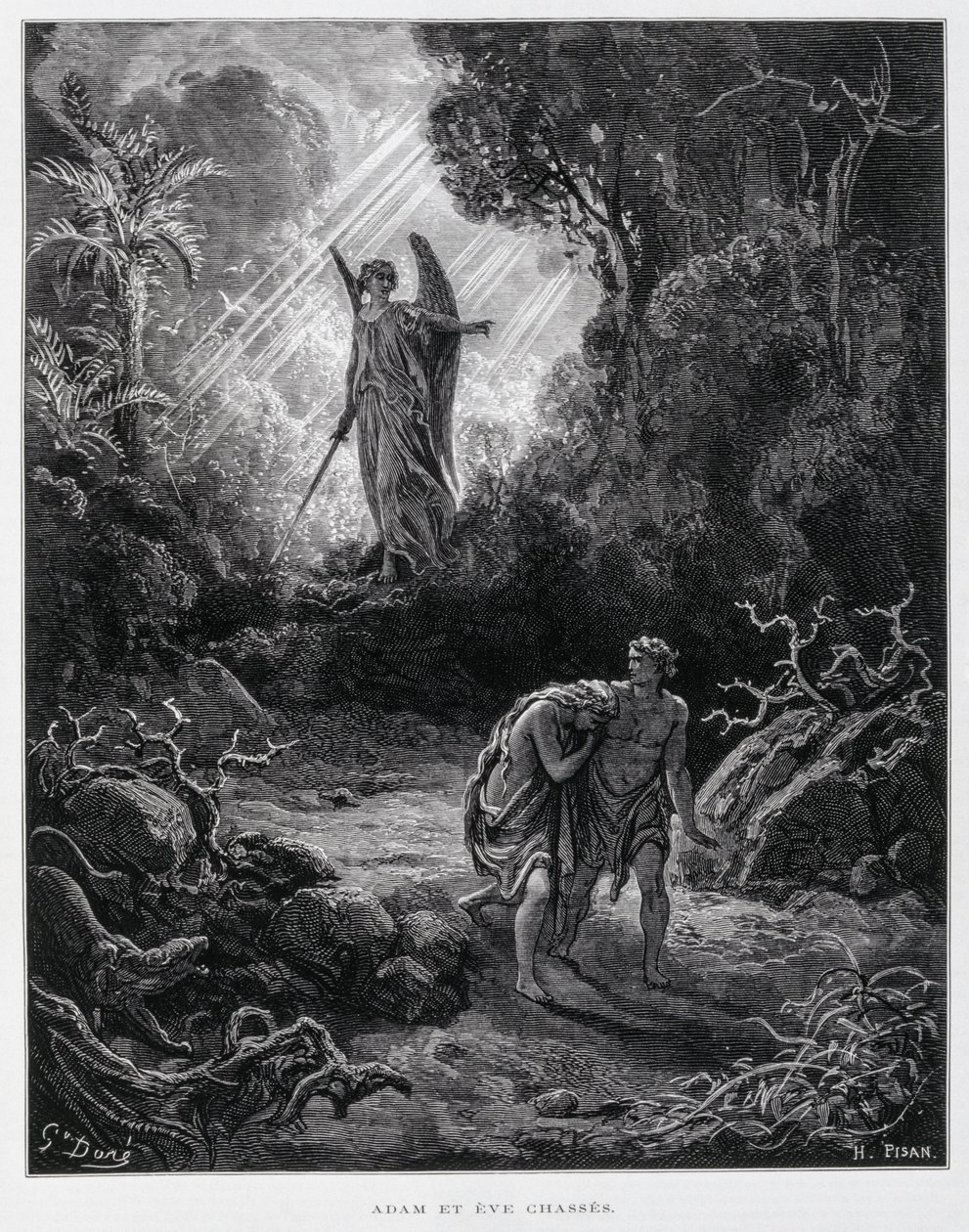 Aatami ja Eeva karkotetaan Eedenin puutarhasta enkelin toimesta, kuvitus Dore Bible -teoksesta. tekijältä Gustave Dore