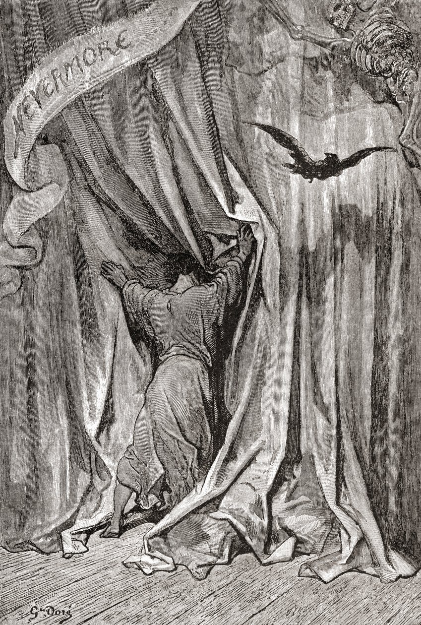 Gustave Doren Edgar Allan Poen runoon Korppi tekemän piirroksen mukaan. Teoksesta Life and Reminiscences of Gustave Dore, julkaistu 1885. tekijältä Gustave Dore