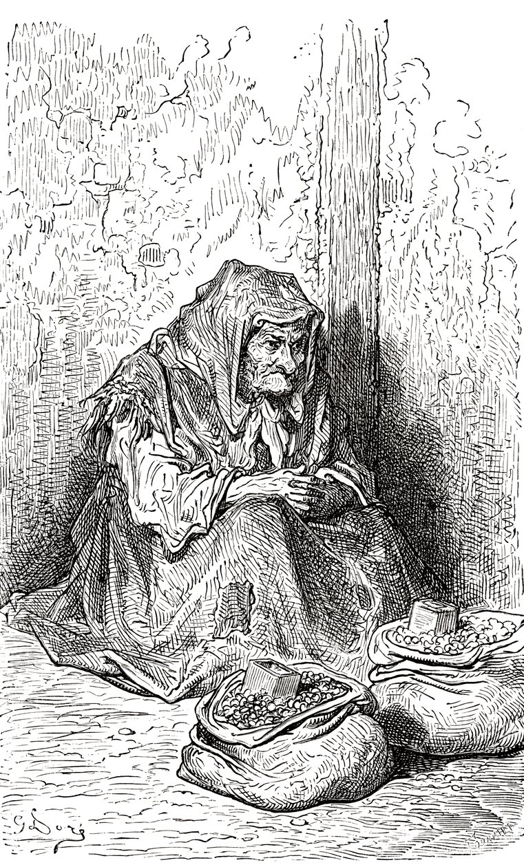 Gustave Doren vanhaa espanjalaista naista esittävän luonnoksen mukaan. Teoksesta Life and Reminiscences of Gustave Dore, julkaistu 1885. tekijältä Gustave Dore
