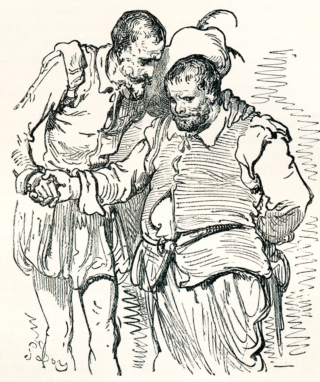 Gustave Doren alkuperäisen Don Quijotea ja Sancho Panzaa esittävän piirroksen mukaan. Teoksesta Gustave Doren elämä ja muistelmat, julkaistu 1885. tekijältä Gustave Dore