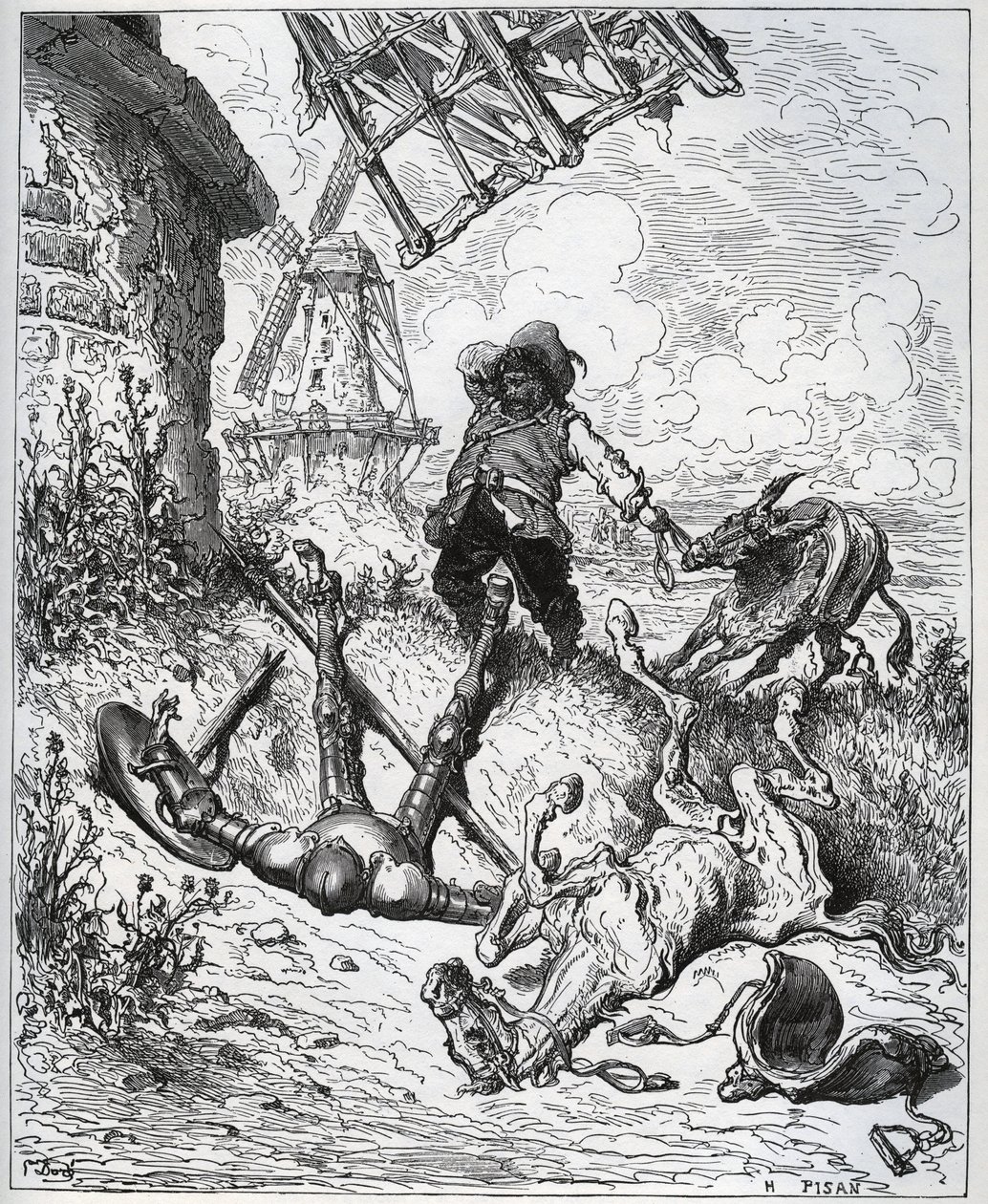 Hyökkäyksen jälkeen antaa tuulimyllyt - "" Misericorde! "" Sancho - Miguel Cervantesin (1547-1616) "" Don Quijote de la Manchasta" (Don Quijote) - Puupiirros Gustave Doren piirtämänä tekijältä Gustave Dore