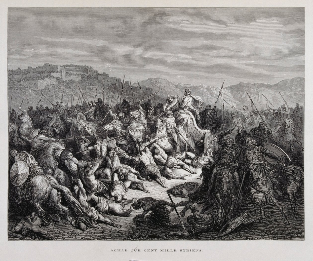 Ahab taistelee assyrialaisia vastaan Qarqarin taistelussa , kuvitus Dore Bible -teoksesta. tekijältä Gustave Dore