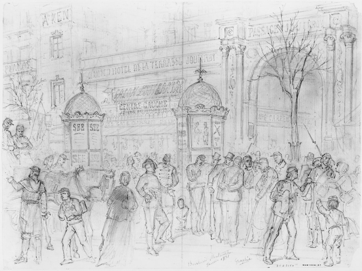 Albumi Pariisin piirityksestä, Boulevard Montmartre, tammikuu 1871 (kynä ja ruskea mustepesu ja kynä paperille) tekijältä Gustave Dore
