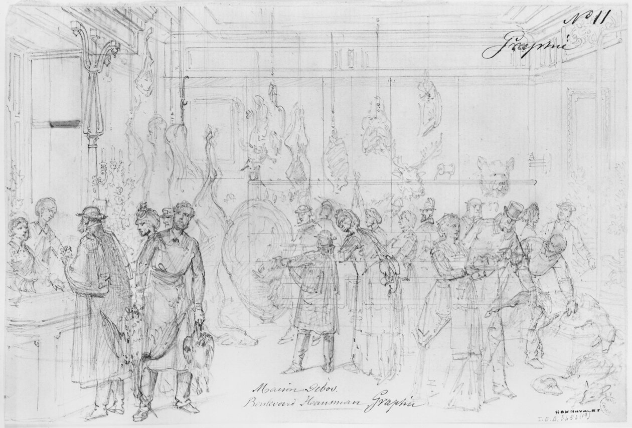 Pariisin piirityksen albumi, Maison Debos, boulevard Haussmann (kynä ja ruskea mustepesu ja kynä paperille) tekijältä Gustave Dore
