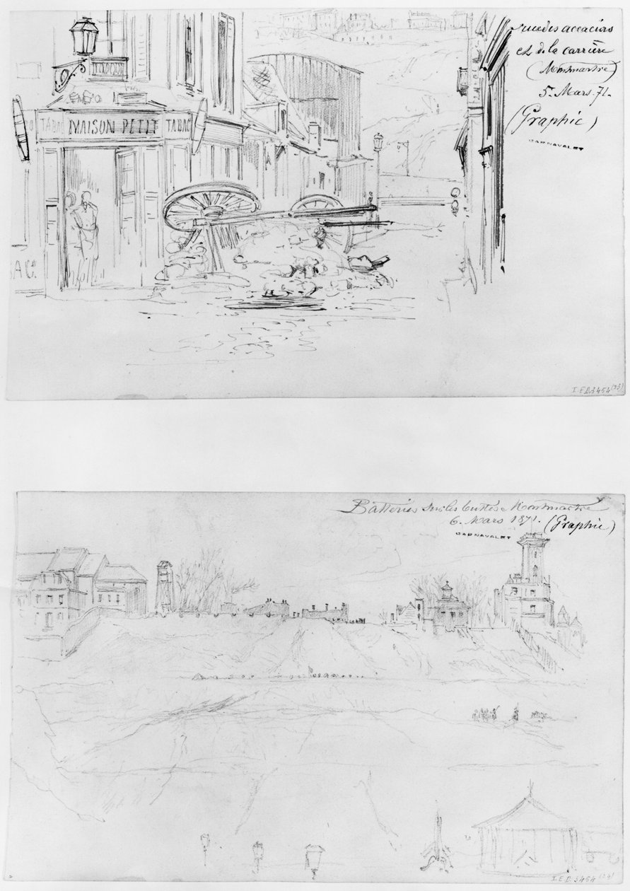 Pariisin piirityksen albumi, Rue des Acacias et rue de la Carriere 5. maaliskuuta 1871, paristot Buttes Montmartrella 6. maaliskuuta 1871 (kynä ja ruskea mustepesu ja kynä paperille) tekijältä Gustave Dore