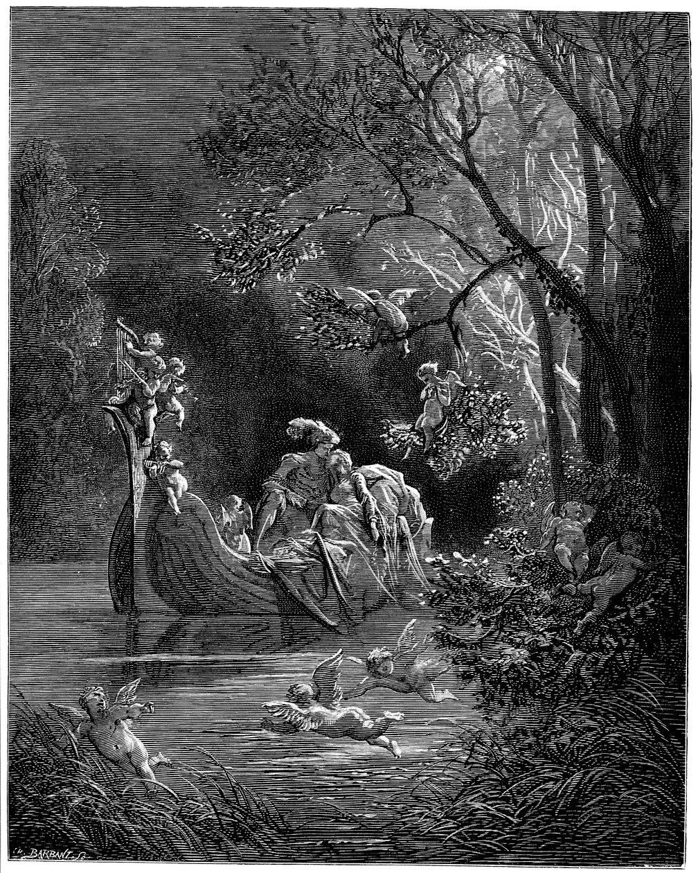 Alcina ja Ruggiero onnellisina kalastuksen ystävinä tekijältä Gustave Dore