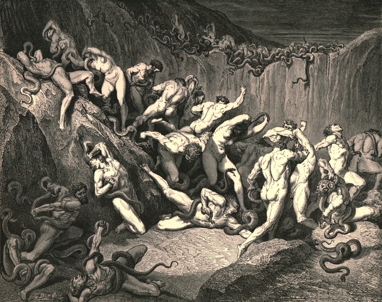 Tämän surun kauhean runsauden keskellä alasti henget juoksivat kauhean pelon siivessä, vuosi 1890. tekijältä Gustave Dore