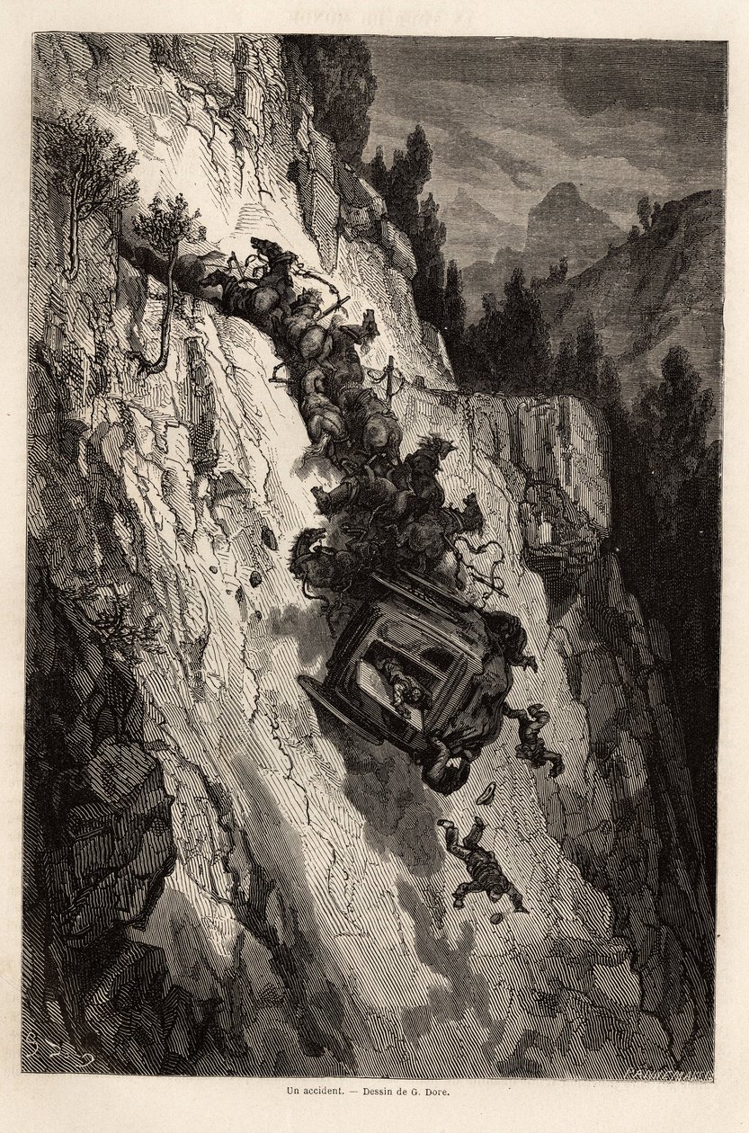 Ahkera tapaturma, Gustave Doren (1832-1883) piirustus havainnollistamaan hänen matkaansa Espanjaan C. Davillierin kanssa vuonna 1862. Kaiverrus kirjaan "" Le tour du monde ", toimittanut Edouard Charton tekijältä Gustave Dore