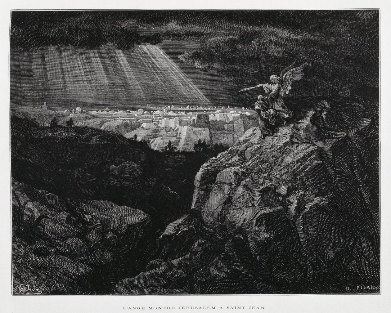 Enkeli Johannes Kastajan kanssa Jerusalemin edustalla, kuvitus Doren Raamatusta. tekijältä Gustave Dore