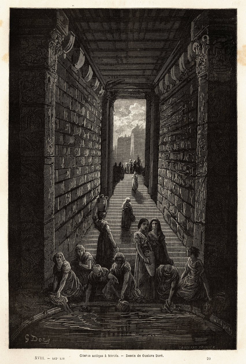 Antiikkinen vesisäiliö, edelleen käytössä, Meridassa. Gustave Doren (1832-1883) kuvittaja ja Baron Ch. Davillier-reaktori, vuonna 1862, julkaistiin "Le tour du monde, nouveau journal des voyages" -lehdessä tekijältä Gustave Dore