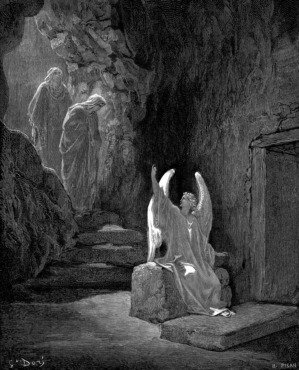 Enkeli näyttää Maria Magdalenan ja toisen Marian Kristuksen tyhjän haudan, 1865-1866 tekijältä Gustave Dore