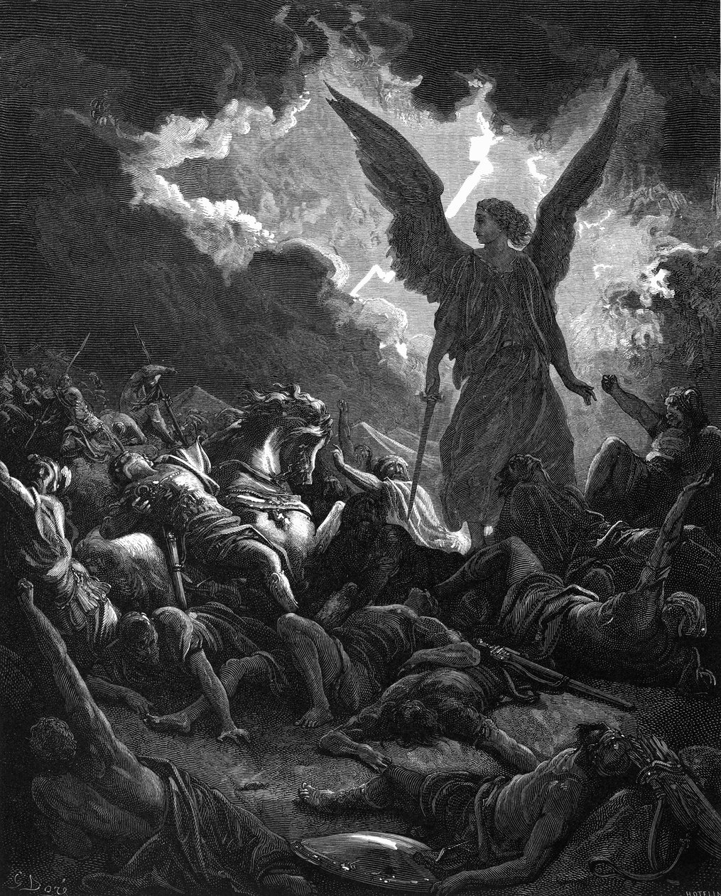 Arkkienkeli Gabriel, Jumalan väline, löi Sanheribin ja assyrialaisten leiriä, 1865-1866 tekijältä Gustave Dore