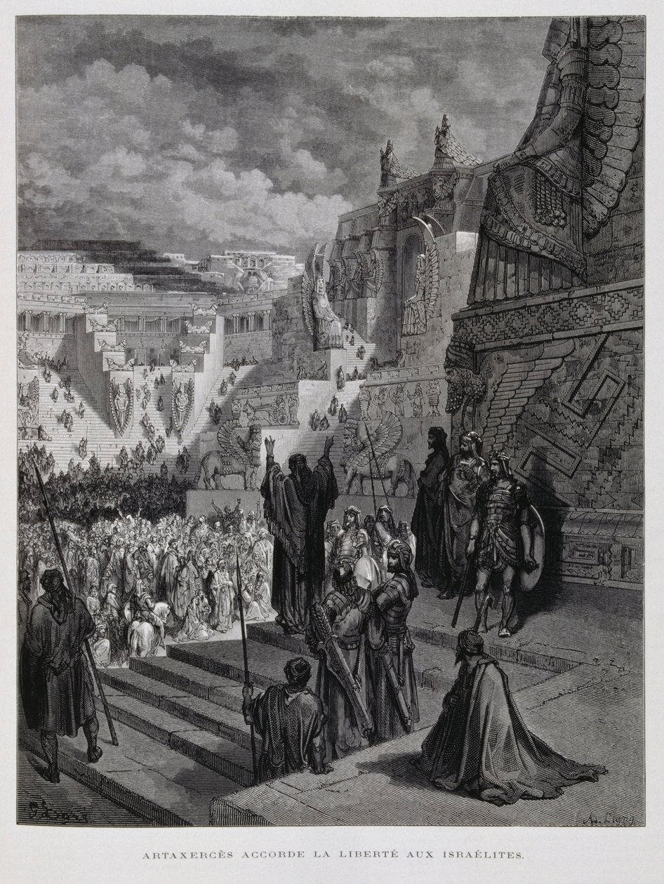 Artaxerxes myöntää Persian juutalaisille vapauden, kuvitus Dore- Raamattuun. tekijältä Gustave Dore