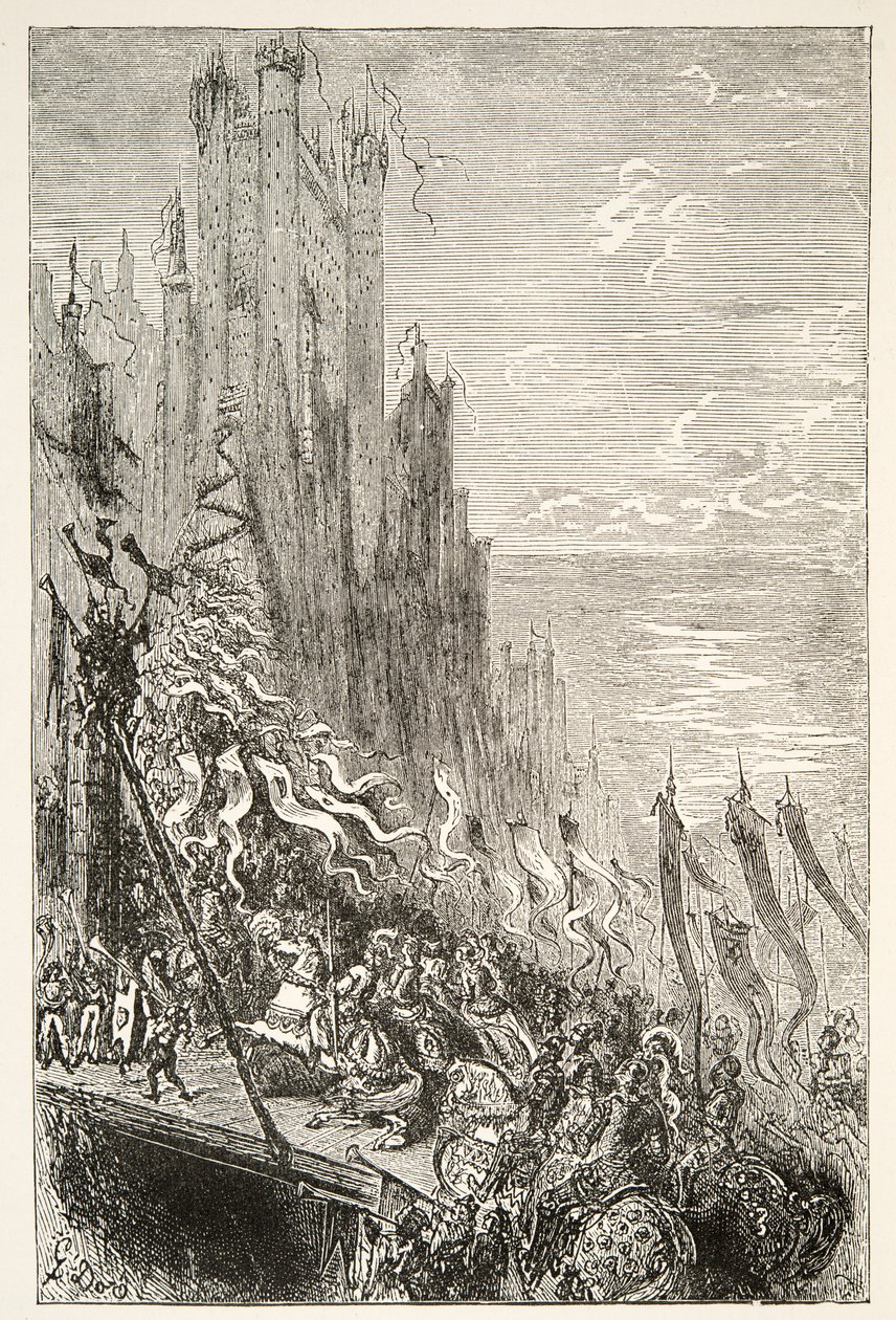 Fountainin kreivittären kaupungissa, Charles Henry Hansonin kirjoittamista Tarinoita kuningas Arthurin päivistä, julkaisu 1898. tekijältä Gustave Dore