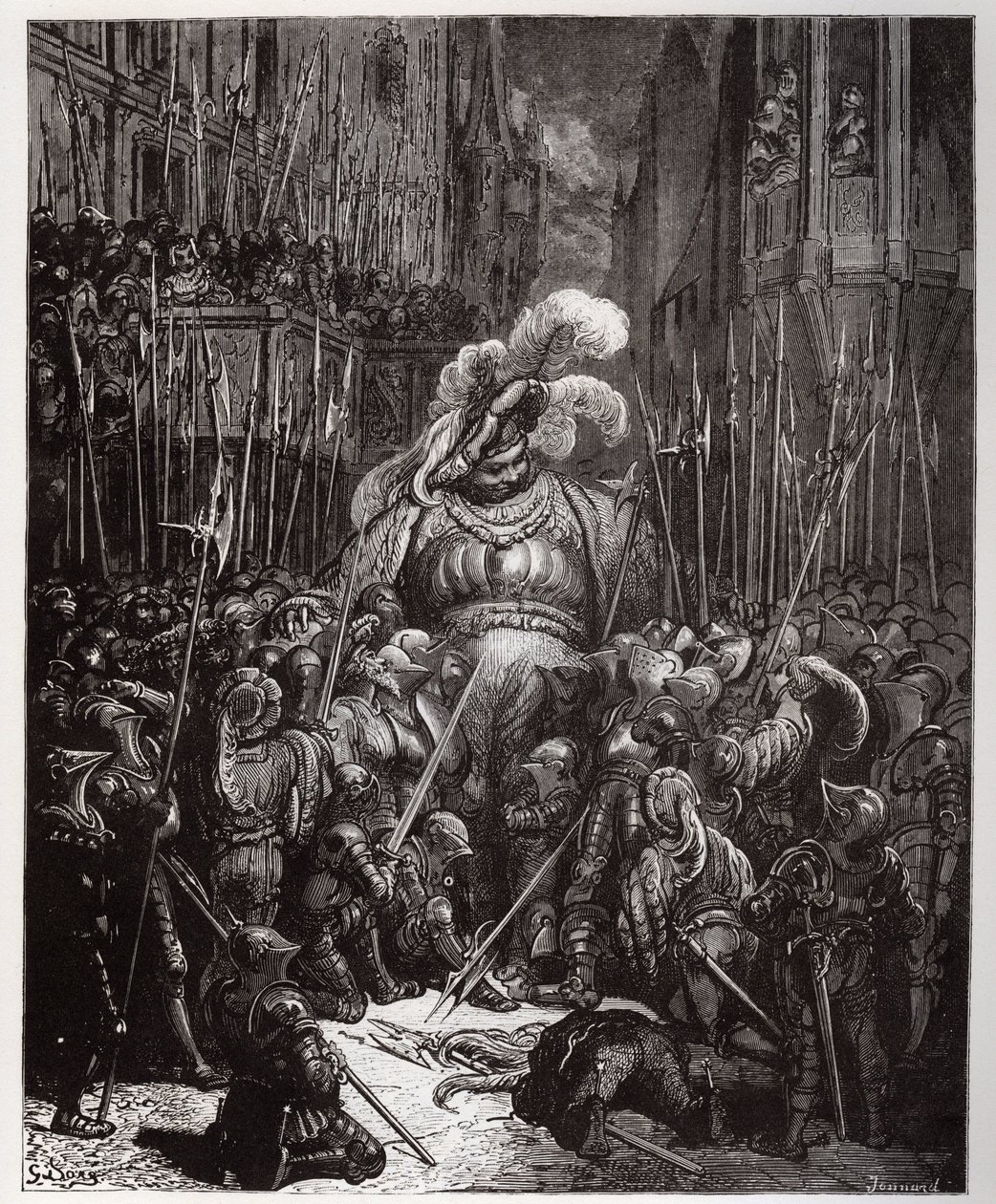 Äänen alussa kiitti ystävällisesti kaikkia legiooniensa hitsaajia - kuvitus teoksesta "Gargantua ja Pantagruel", Francois Rabelais - kaiverrus Gustave Doren (1832-1883) tekijältä Gustave Dore
