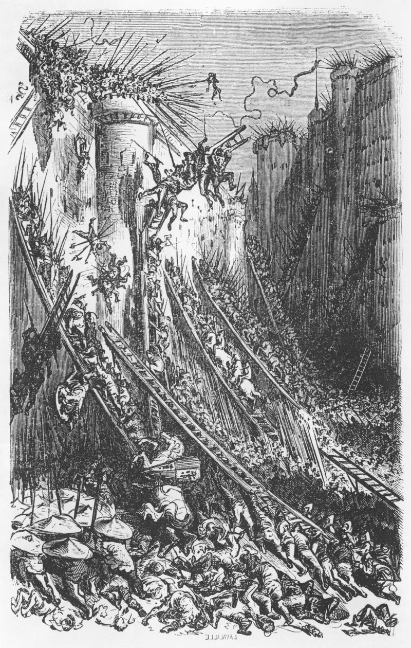 Hyökkääminen linnaan tai linnoitettuun kaupunkiin, Honore de Balzacin (1799-1850) Les Contes Drolatiques -kuva tekijältä Gustave Dore