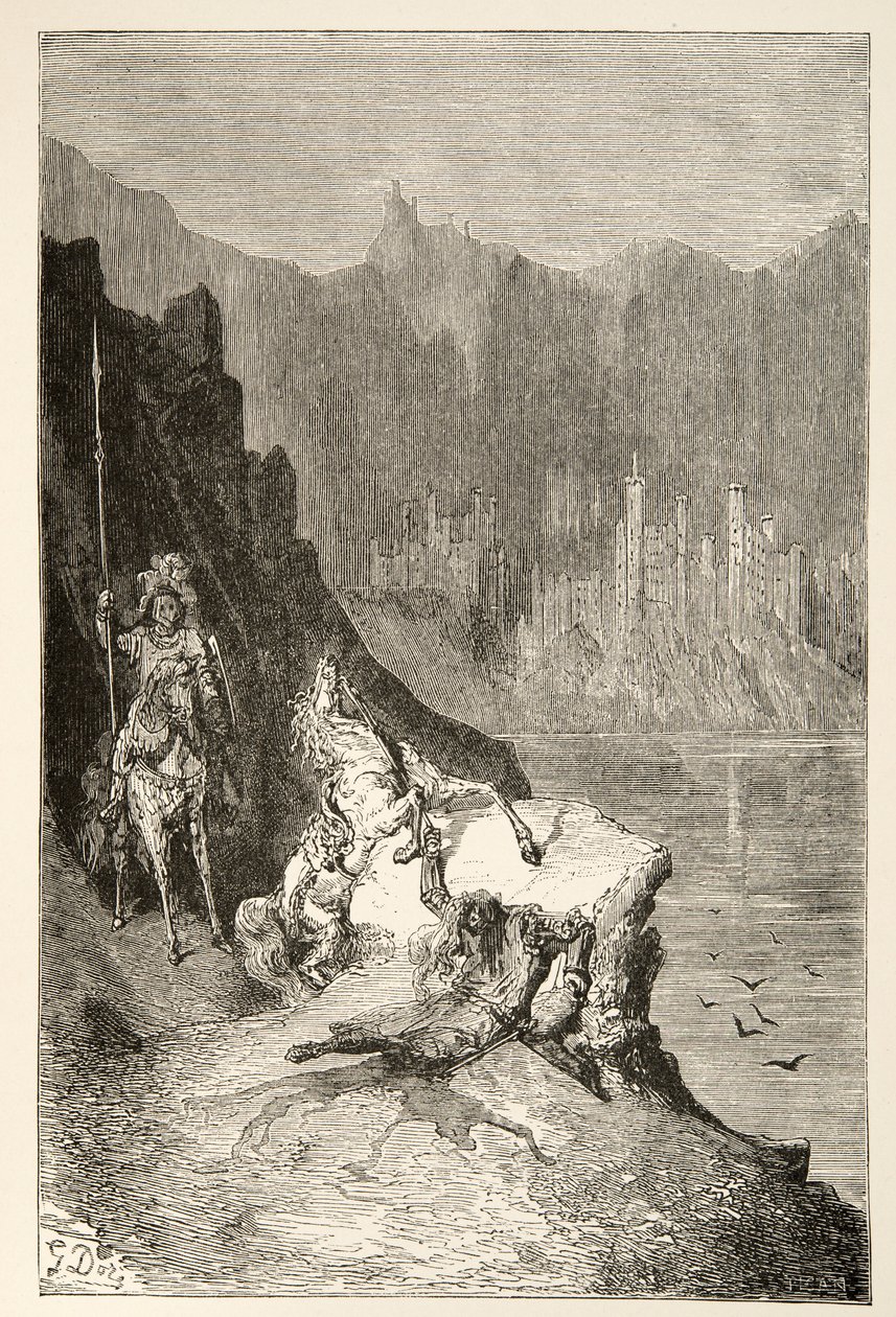 Balin Slays Sir Lanceor, Charles Henry Hansonin kirjoittamasta Tarinoita kuningas Arthurin päivistä, julkaisu 1898. tekijältä Gustave Dore