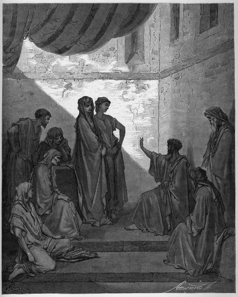 Kornelius sadanpäämiehen kaste – Sadanpäällikkö Kornelius saa uskon Jeesukseen Kristukseen, ja Pyhä Pietari kastaa hänet. - Kaiverrus Gustave Doren (1832-1883) "The Bible illustreeen" - Kaiverrus "" The Dore Bible -kirjasta" tekijältä Gustave Dore