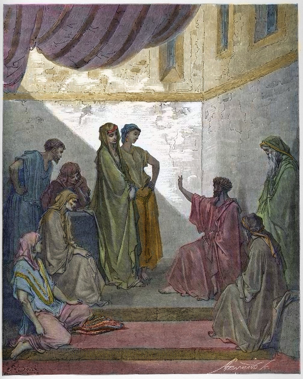 Kornelius sadanpäämiehen kaste – Sadanpäällikkö Kornelius saa uskon Jeesukseen Kristukseen, ja Pyhä Pietari kastaa hänet. - Kaiverrus Gustave Doren (1832-1883) "The Bible illustreeen" - Kaiverrus "" The Dore Bible -kirjasta" tekijältä Gustave Dore