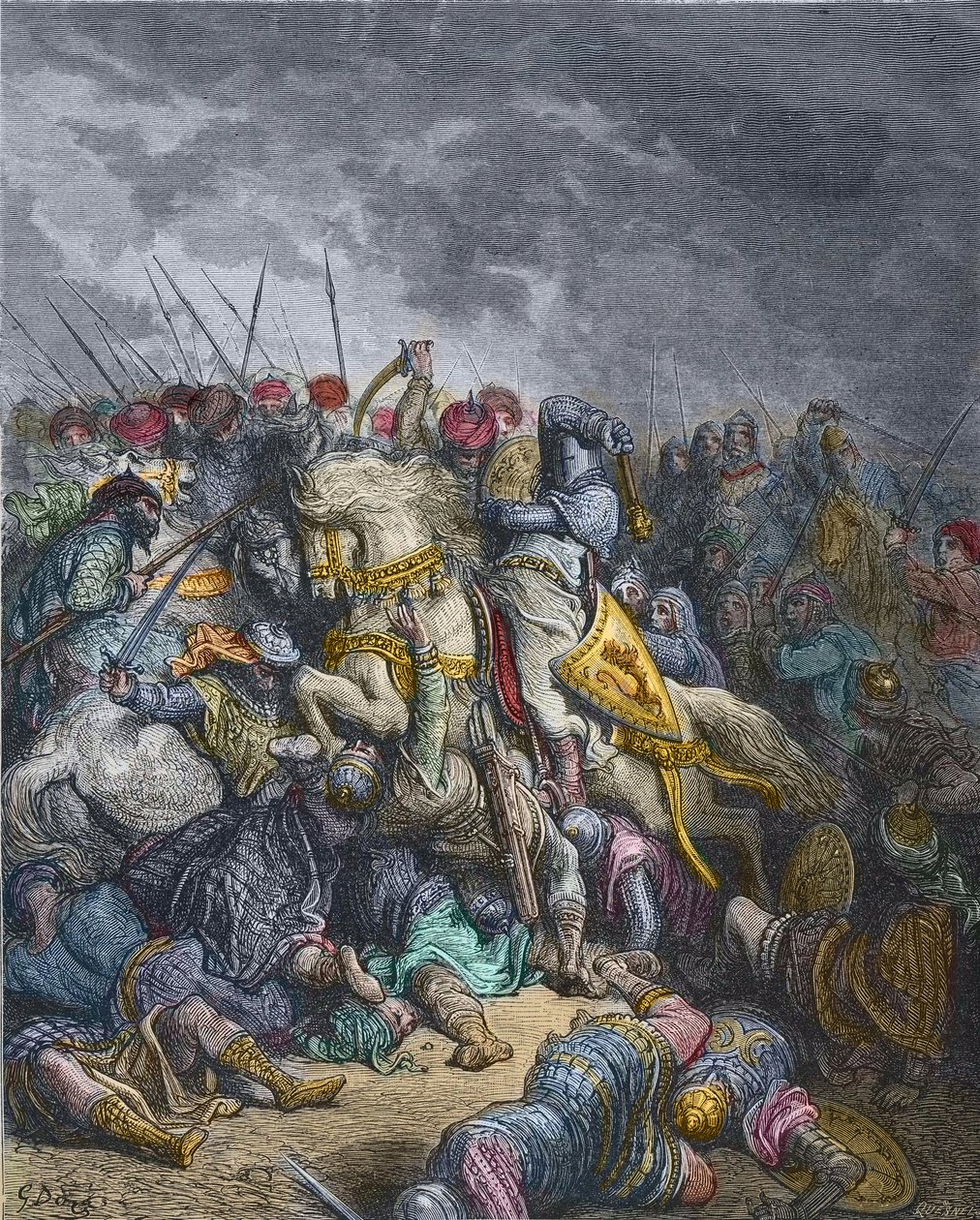 Arsurin taistelu - Richard I Leijonasydän (1157-1199), Englannin kuningas osallistui 3. ristiretkeen - Richard Leijonasydän Arsufin taistelussa (1191), kolmas ristiretki, Gustave Doren kaiverrus - Josephin Ristiretkien historiasta -Francois Michaud tekijältä Gustave Dore