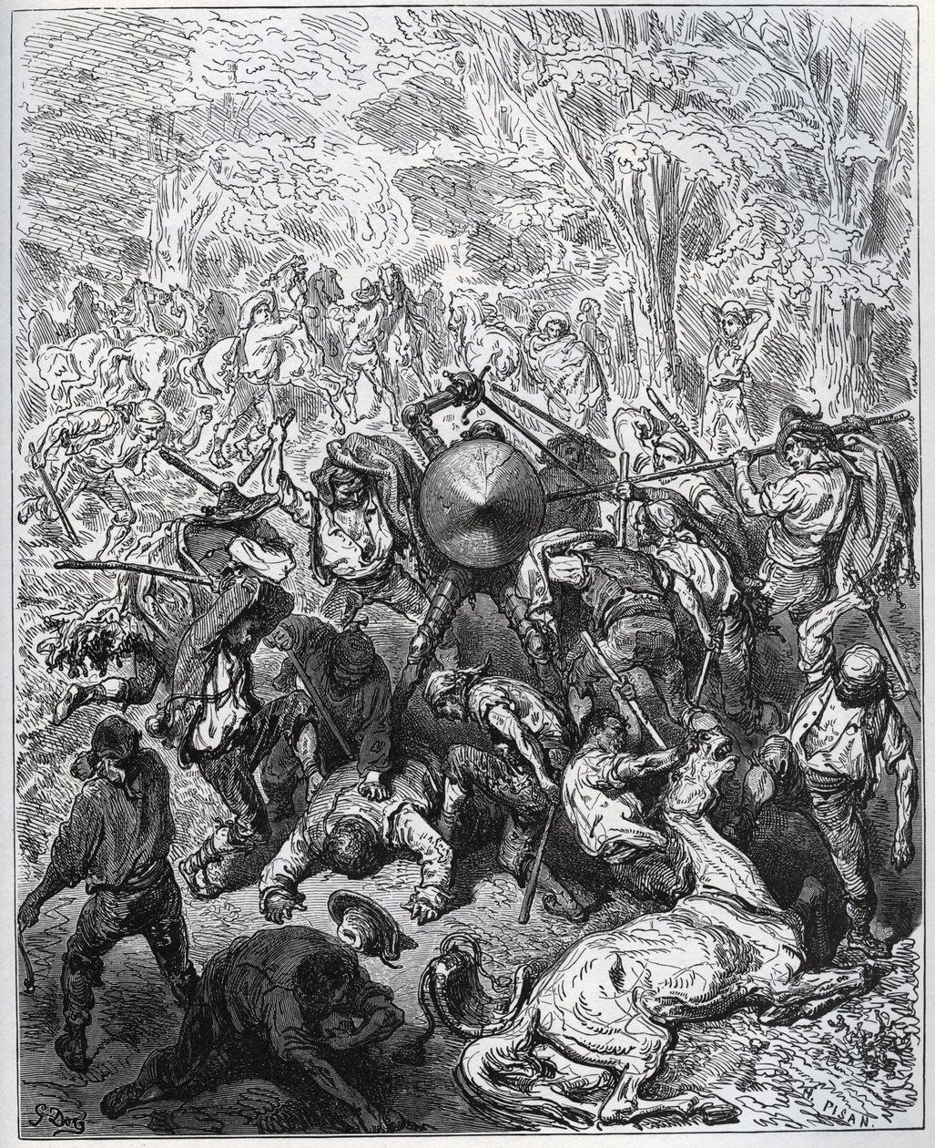 Taistelu muulintekijöiden kanssa - Yangoit käyttivät mailojaan - Miguel Cervantesin (1547-1616) "Don Quijote de la Mancha" (Don Quijote) - Gustave Doren piirtämän puupiirros tekijältä Gustave Dore