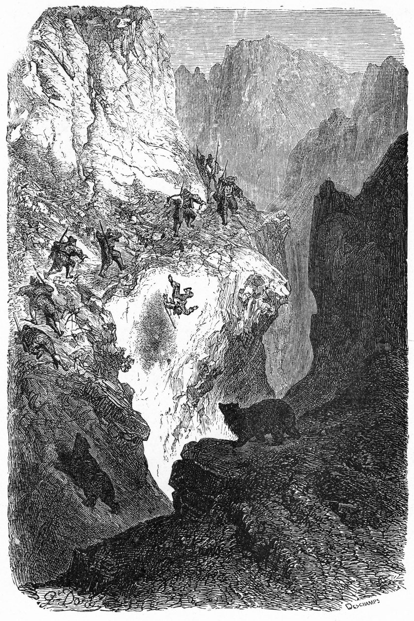 Karhunmetsästys Pyreneillä: mies putoaa vuorelta. Gustave Doren kaiverrus, joka kuvittaa Hippolyte Tainen kirjaa "Matka Pyreneille", Hachette 1860. tekijältä Gustave Dore