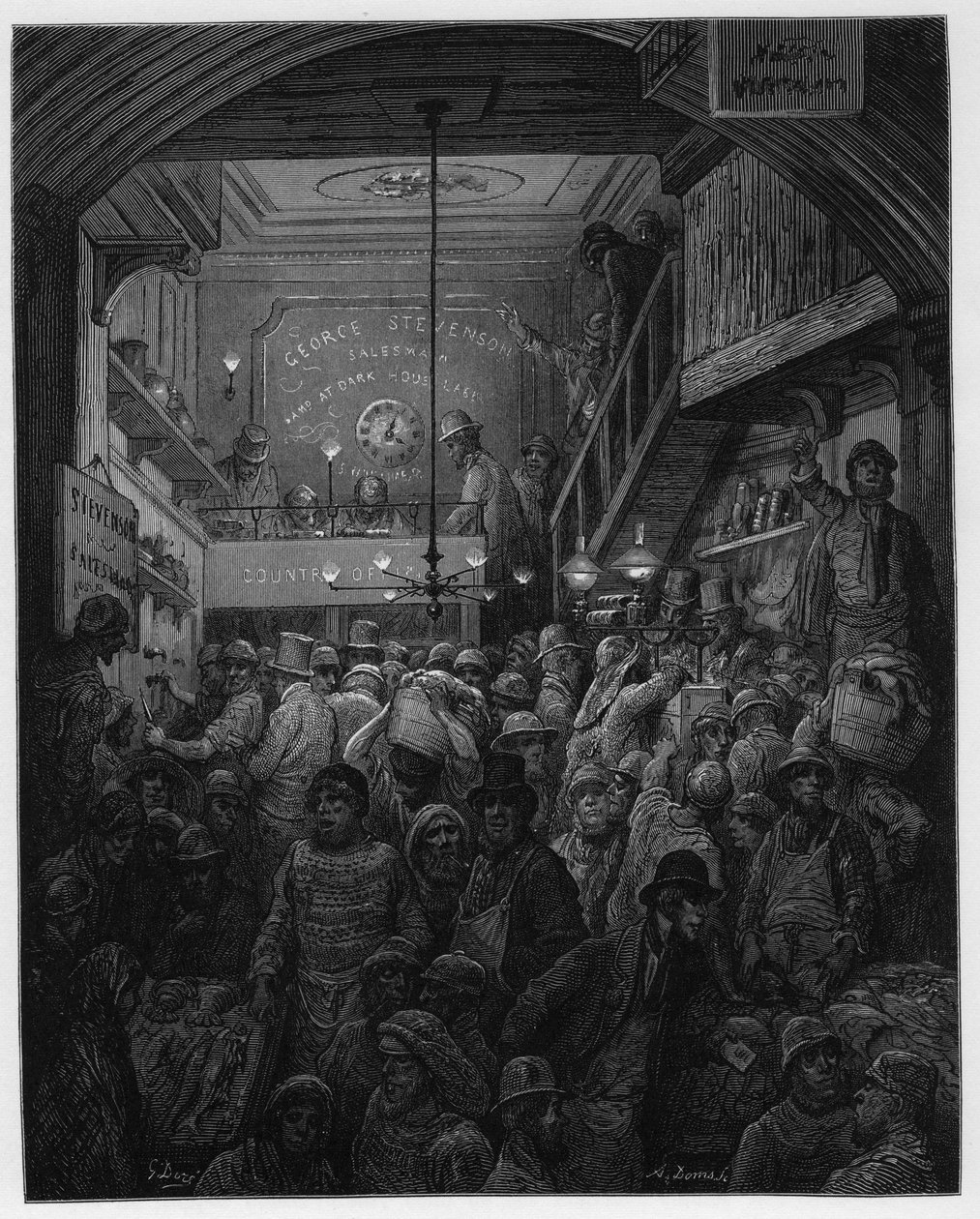Billingsgate - Kalojen myynti crieessä. Louis Enaultin kuvitus Lontoosta, kuvittanut Gustave Dore tekijältä Gustave Dore